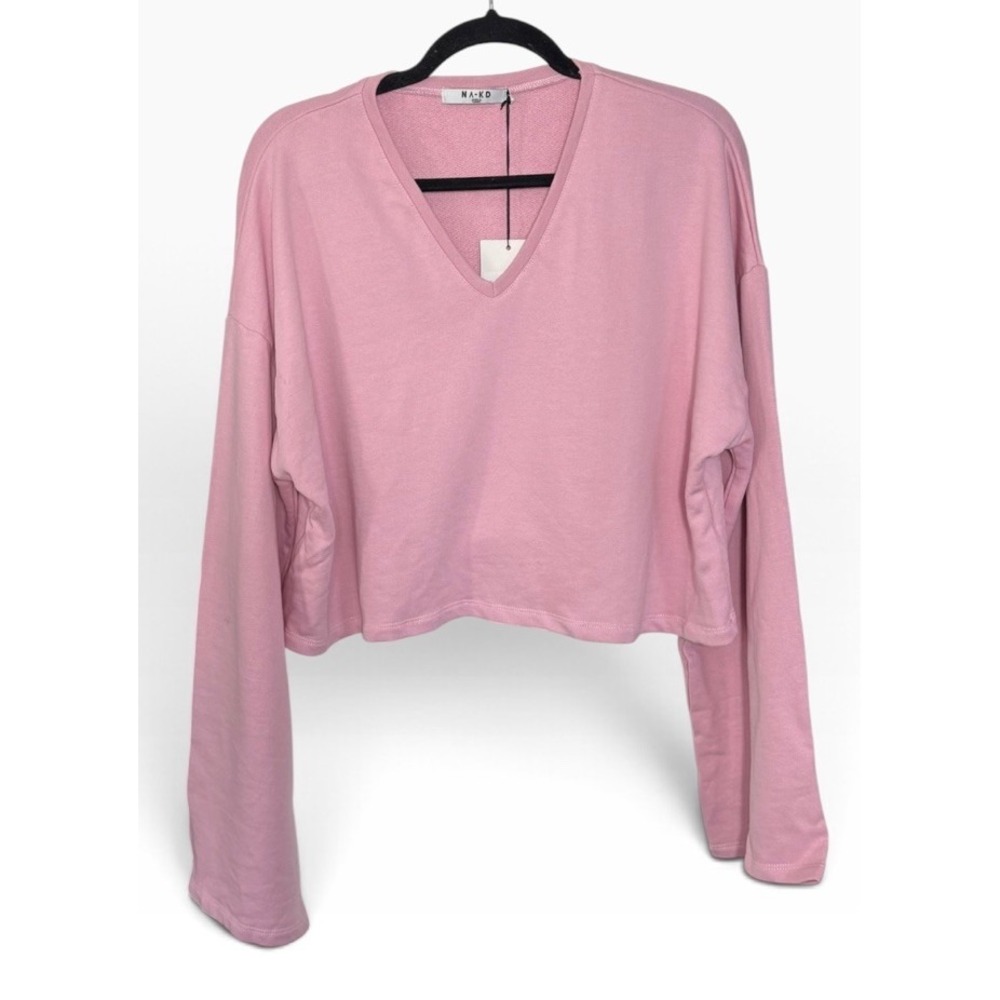NA-KD Pink V-Neck Oversized Cropped Sweatshirt Size M Bell Sleeve Cozy
